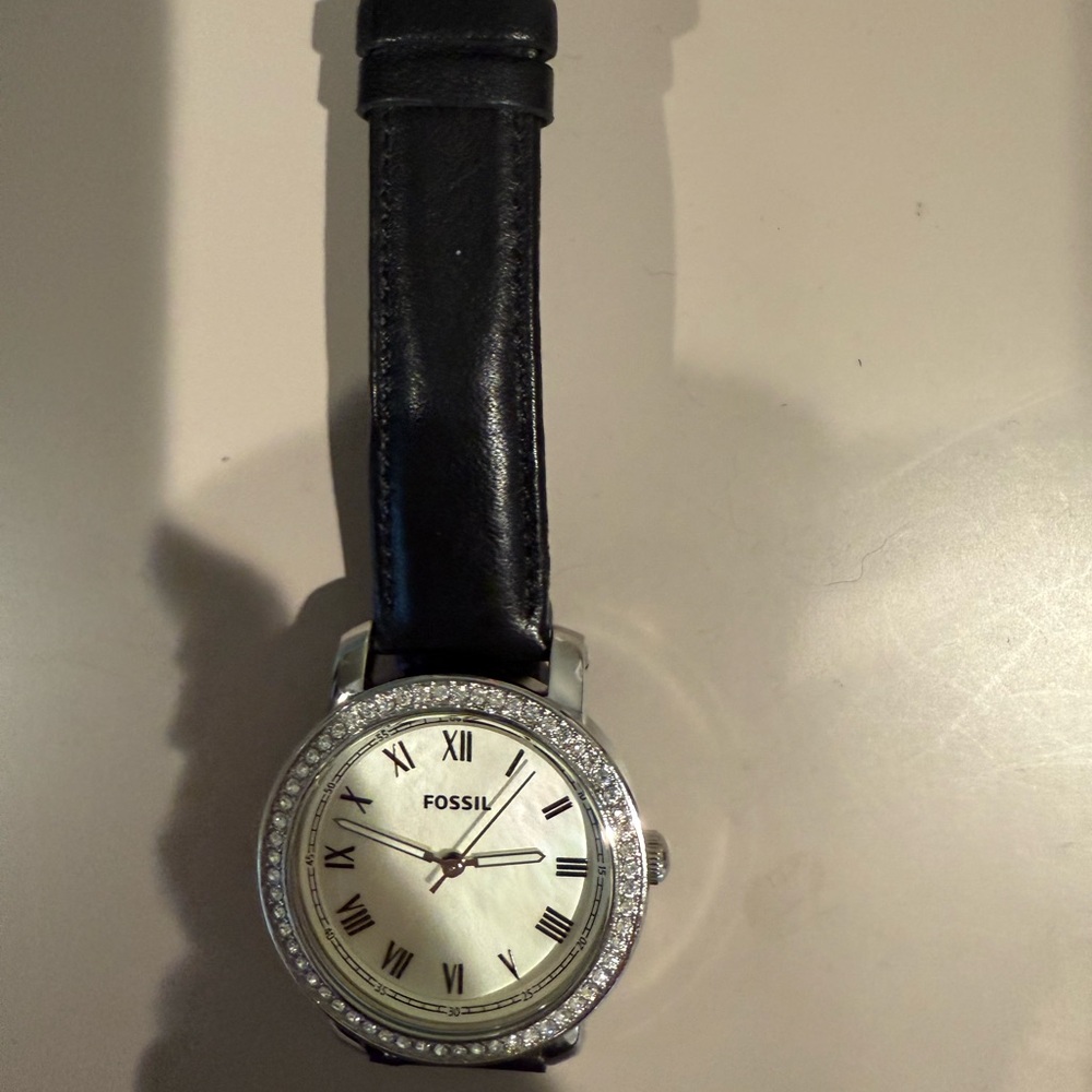 Fossil Black Leather Strap Watch with Silver Dial